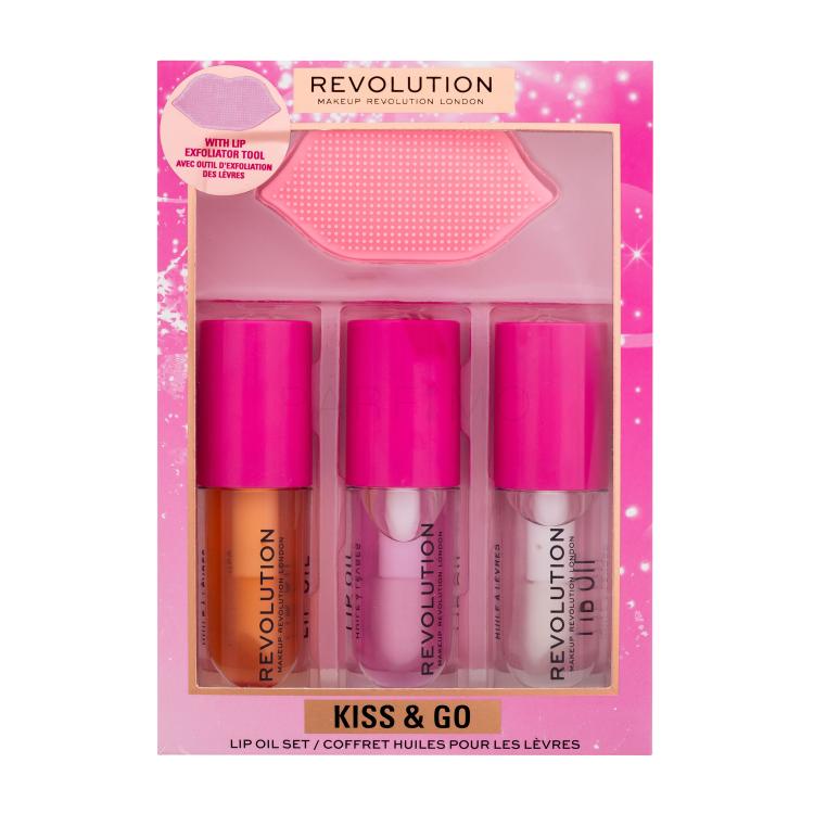 Makeup Revolution London Kiss &amp; Go Lip Oil Set Pacco regalo olio labbra Lip Oil Honey 4.5 ml + olio labbra Lip Oil Peach Pink 4.5 ml + olio labbra Lip Oil Watermelon 4.5 ml + pennello esfoliante labbra 1 pz