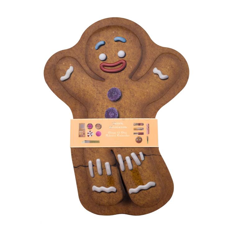 Makeup Revolution London Shrek Gingy 12 Days Advent Calendar Pacco regalo ombretto 2 pz + evidenziatore 1 pz + lucidalabbra 2 pz + rossetto 1 pz + fard 1 pz + gel per sopracciglia 1 pz + pennello 2 pz + spugnetta trucco 1 pz + specchio 1 pz + elastico per capelli 1 pz