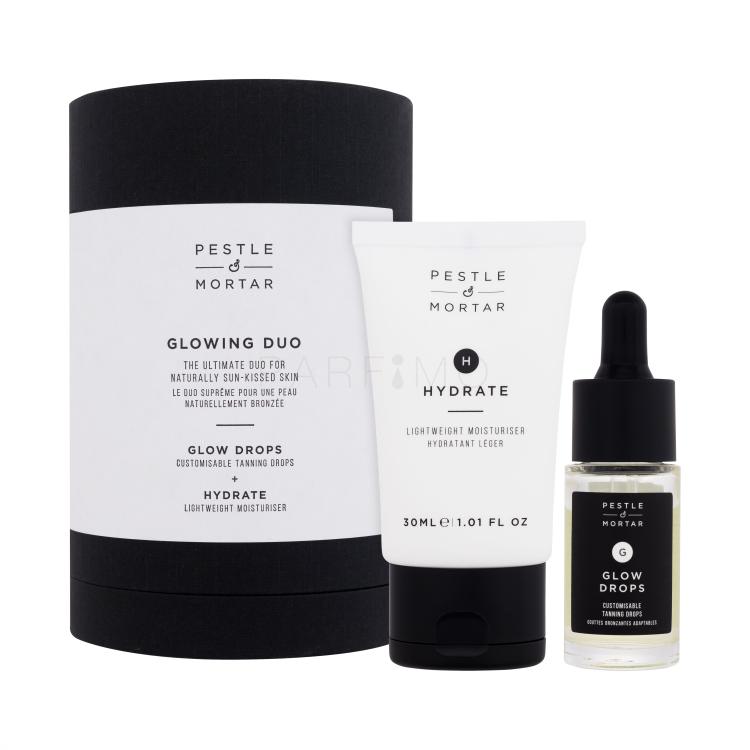 Pestle &amp; Mortar Glowing Duo Pacco regalo siero autoabbronzante Glow Drops 15 ml + crema idratante per la pelle Hydrate Lightweight Moisturizer 30 ml