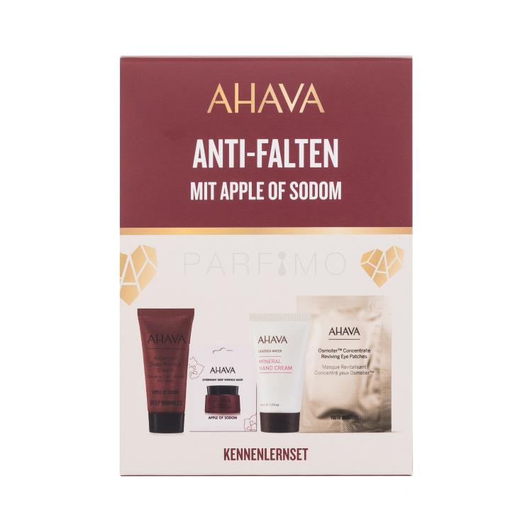 AHAVA Apple Of Sodom Advanced Deep Wrinkle Cream Pacco regalo crema viso Apple Of Sodom Advanced Deep Wrinkle Cream 15 ml + maschera notte per il viso Apple Of Sodom Overnight Deep Wrinkle Mask 6 ml + maschera occhi Osmoter Concentrate Reviving Eye Patches 4 g + crema mani Deadsea Water Mineral Hand