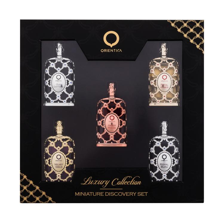 Orientica Luxury Collection Pacco regalo eau de parfum Royal Amber 7,5 ml + eau de parfum Royal Bleu 7,5 ml + eau de parfum Velvet Gold 7,5 ml + eau de parfum Oud Saffron 7,5 ml + eau de parfum Amber Rouge 7,5 ml