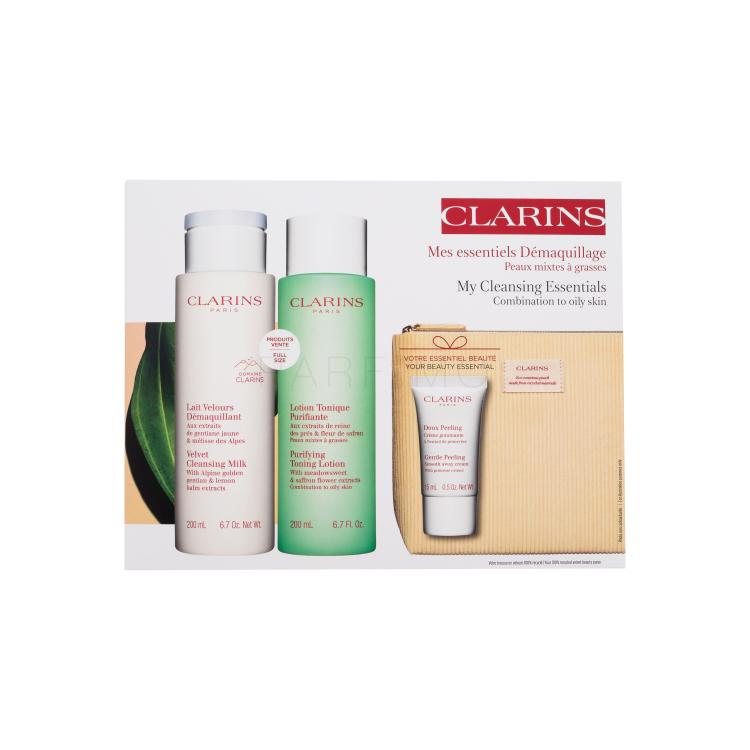 Clarins My Cleansing Essentials Pacco regalo latte detergente Velvet Cleansing Milk 200 ml + tonico per il viso Purifying Toning Lotion 200 ml + peeling Gentle Peeling 15 ml + borsa cosmetica