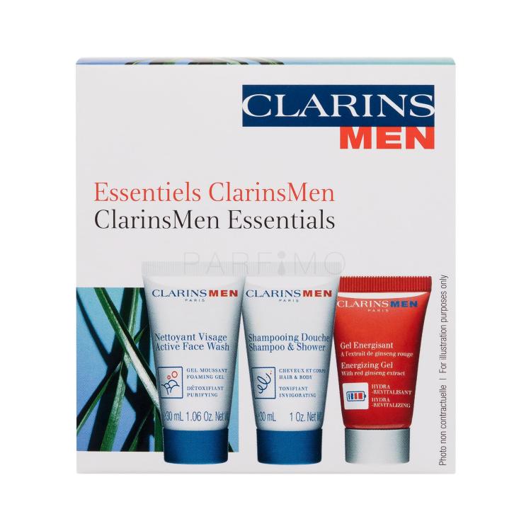 Clarins Men Essentials Pacco regalo gel detergente Active Face Wash 30 ml + shampoo e doccia gel Shampoo &amp; Shower 30 ml + gel per il viso Energizing Gel 12 ml