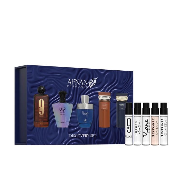 Afnan Discovery Set Pacco regalo profumo 9 pm Elixir 2 ml + estratto di profumo Rare Reef 2 ml + estratto di profumo Historic Sahara 2 ml + EDP Turathi Electric 2 ml + EDP Historic Olmeda 2 ml
