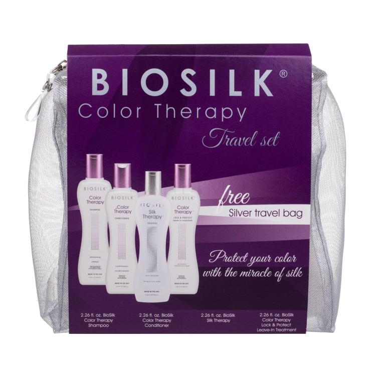 Farouk Systems Biosilk Color Therapy Pacco regalo shampoo 67 ml + balsamo 67 ml + siero per i capelli Biosilk Silk Therapy Silk 67 ml + siero per i capelli Lock &amp; Protect Treatment 67 ml + borsa per i cosmetici