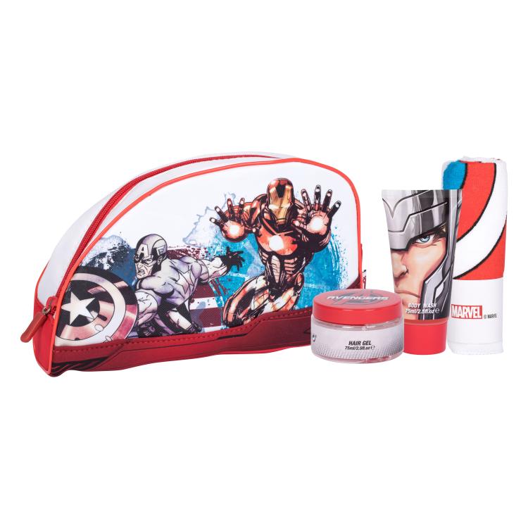 Marvel Avengers Pacco regalo doccia gel 75 ml + gel per capelli 75 ml + asciugamano per il viso + borsa per cosmetici